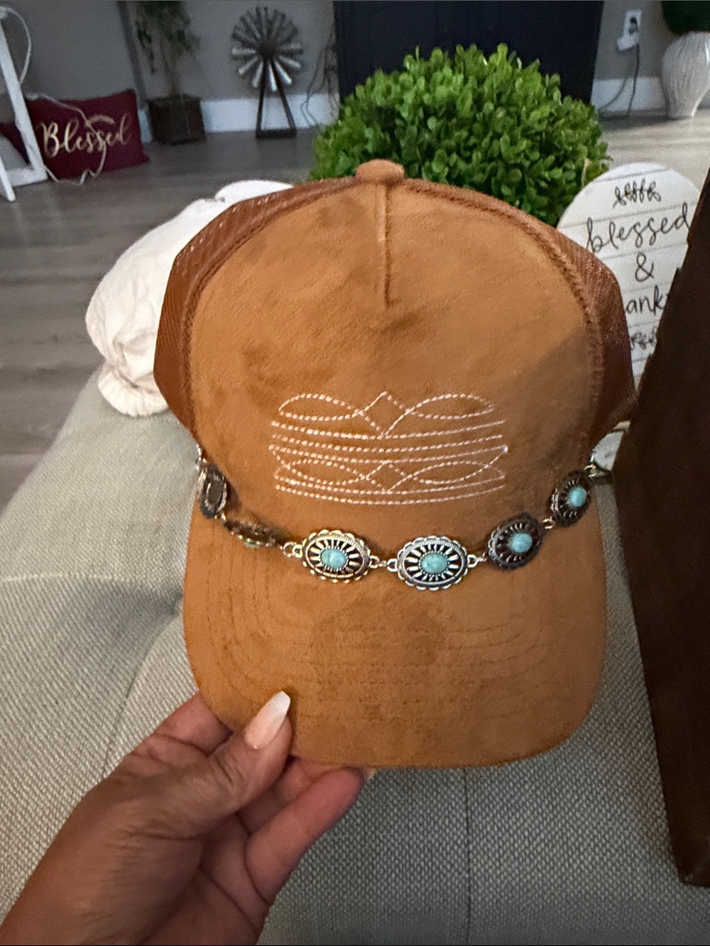 Women’s Brown Suede Velvet Cap with Turquoise Concho Band